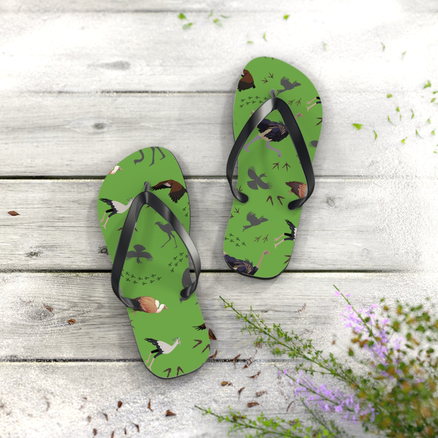 Safari Bird Print Flip Flops (Green), Summer Sandals, Beach Footwear, Vacation Essentials, Gift for Nature Lovers, Cute Outdoor Wear