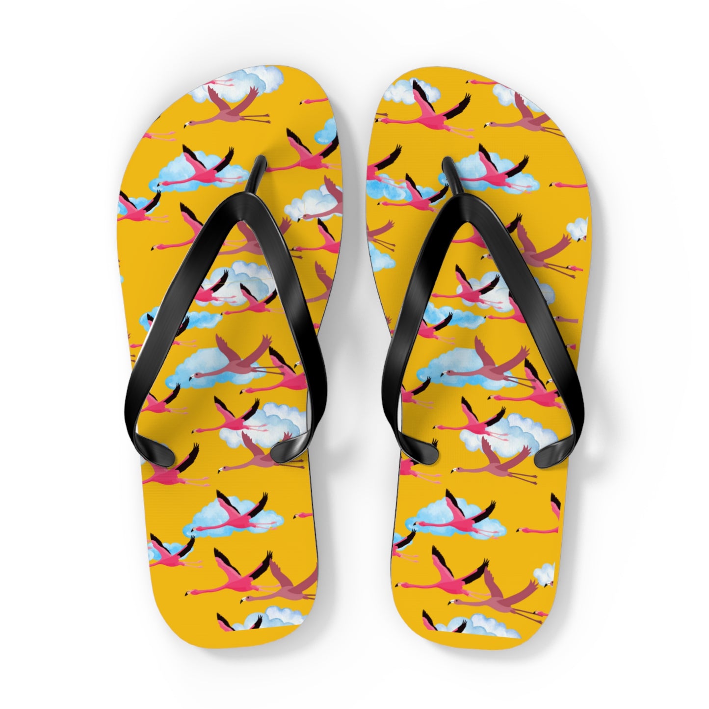 Flying Flamingo Print Flip Flops (Yellow), Summer Sandals, Beach Footwear, Vacation Essentials, Gift for Nature Lovers, Cute Outdoor Wear