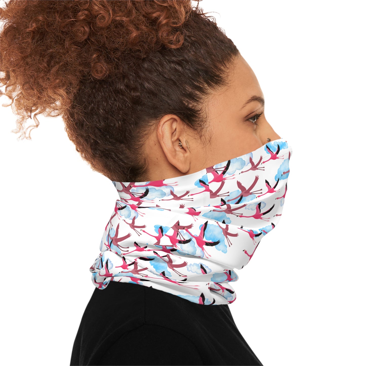Colorful Lightweight Neck Gaiter with Flying Flamingo Design (White), Outdoor Accessory, Unique Gift, Hiking Gear, Nature-Themed Scarf