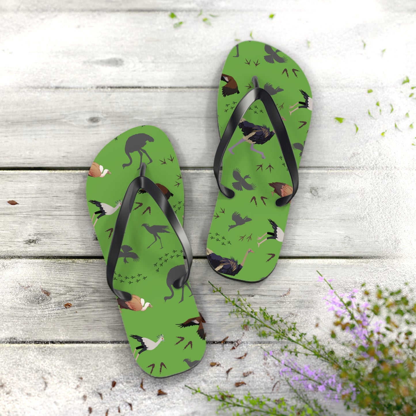 Safari Bird Print Flip Flops (Green), Summer Sandals, Beach Footwear, Vacation Essentials, Gift for Nature Lovers, Cute Outdoor Wear