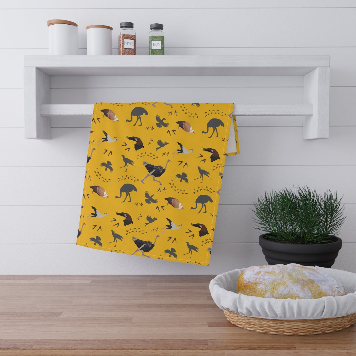 Charming Safari Bird Print Tea Towels (Yellow), Rustic Kitchen Decor, Gift for Animal Lovers, Boho Kitchen Accessories