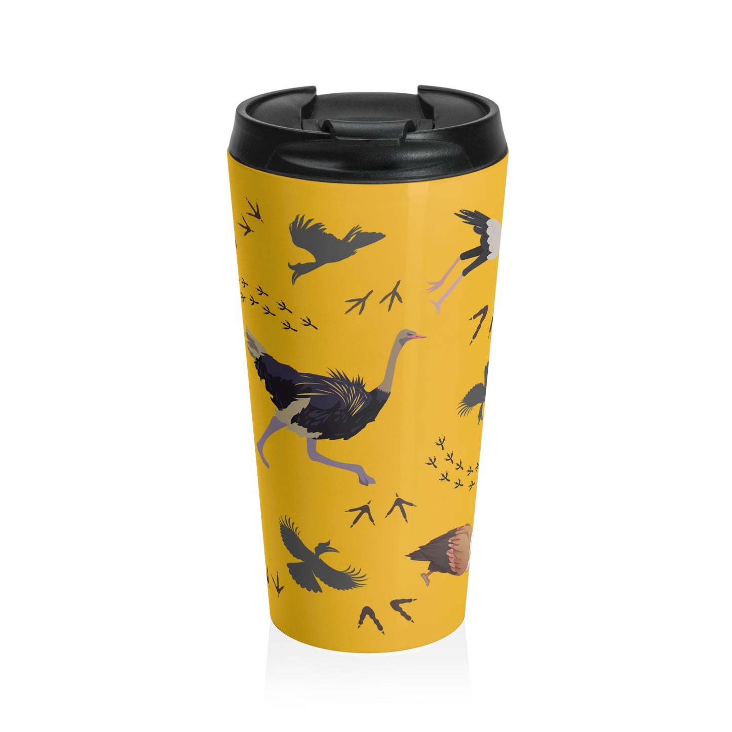 Safari Bird Pattern Stainless Steel Travel Mug (Yellow), Bird Lover Gift, Coffee Cup for Outdoor Adventures, Animal Prints, Eco-Friendly Travel Accessory