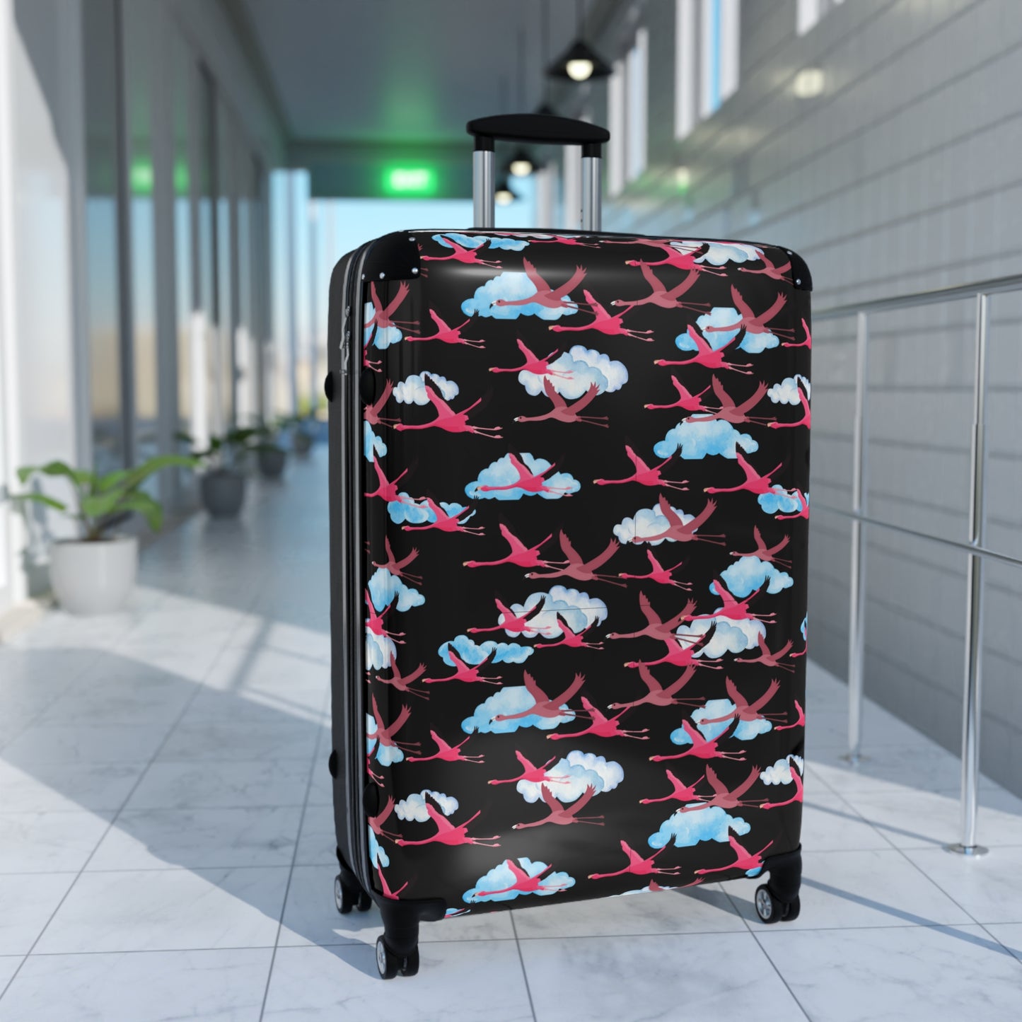 Flying Flamingo Travel Suitcase (Black) with Airplane Design, Luggage for Travelers, Custom Travel Bag, Vacation Essentials, Chic Carry-On