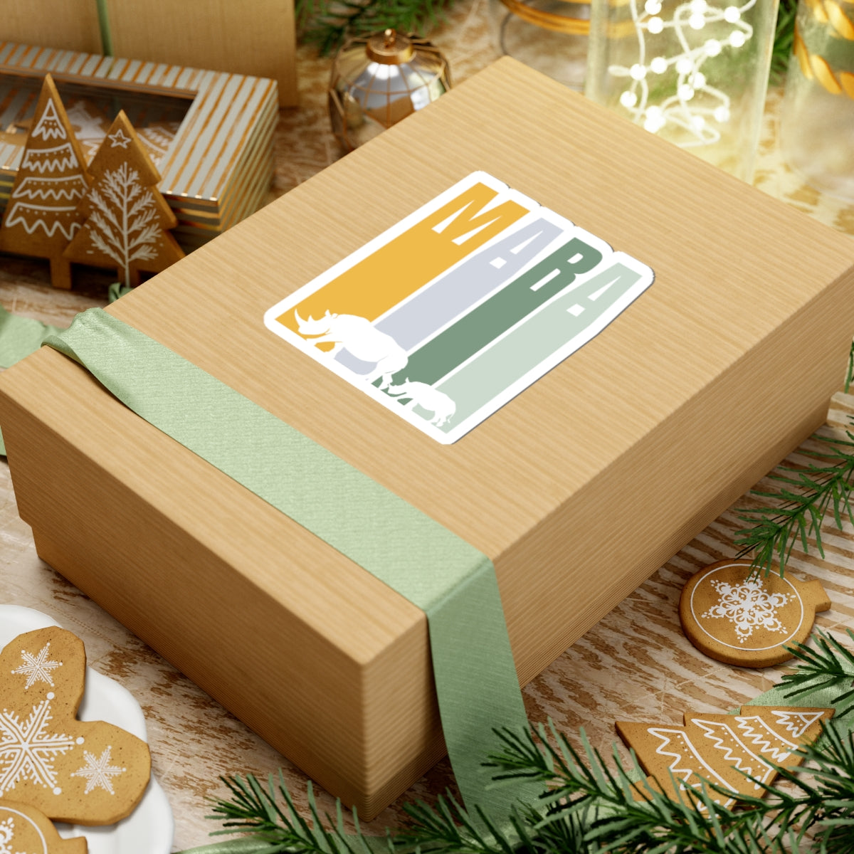 Safari Themed, Mummy and baby Rhino, Masai Mara, Green Yellow, Vibrant Kiss-Cut Stickers for Laptop, Scrapbooking, Gifts, Eco-Friendly Decor, Customizable Designs