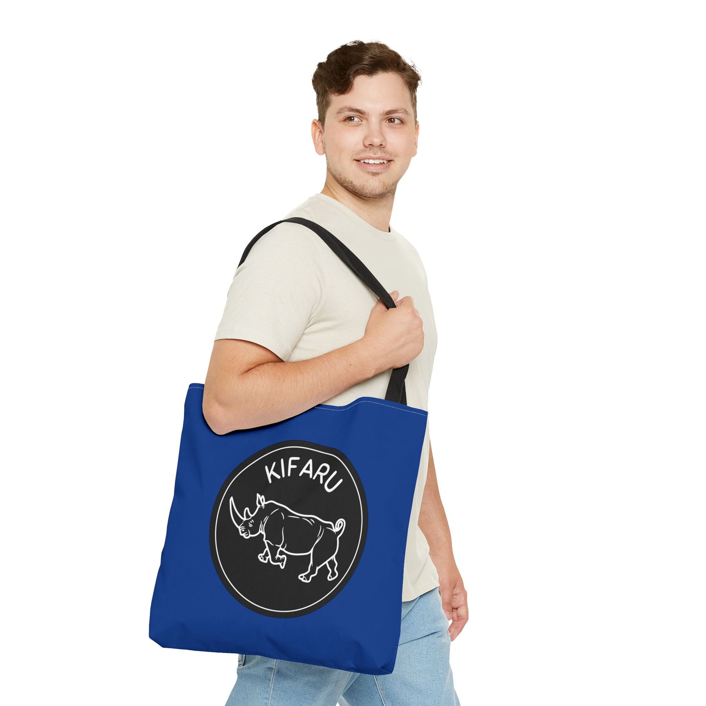 Vibrant Safari Animal-Themed White Rhino Tote Bag (Blue), Kiswahili Name, Eco-Friendly Shopping Bag, Stylish Daily Use, Gift for Nature Lovers, Kifaru Design