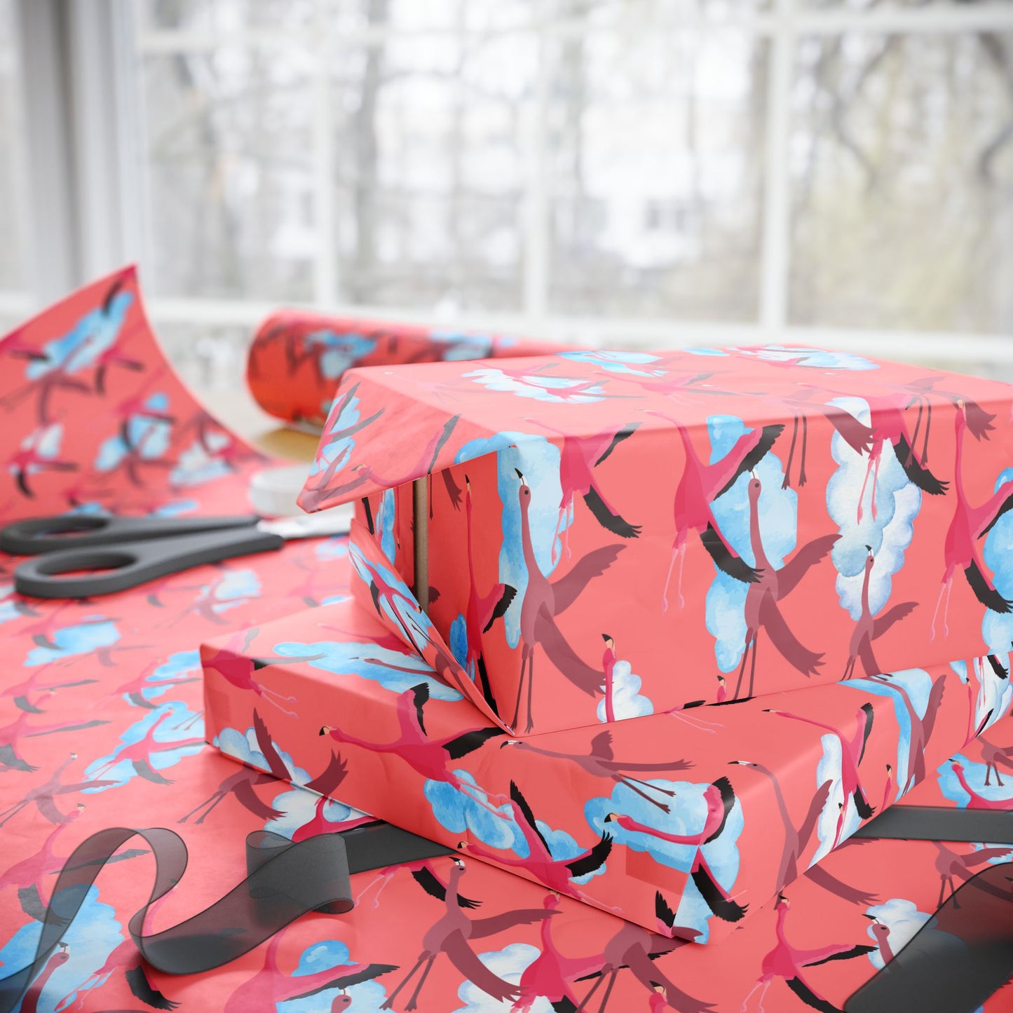 Whimsical Flying Flamingo Wrapping Paper (Coral Pink)