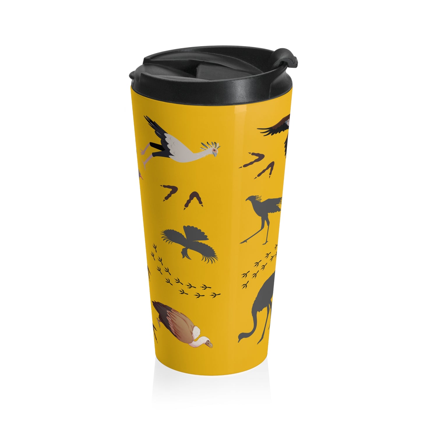 Safari Bird Pattern Stainless Steel Travel Mug (Yellow), Bird Lover Gift, Coffee Cup for Outdoor Adventures, Animal Prints, Eco-Friendly Travel Accessory