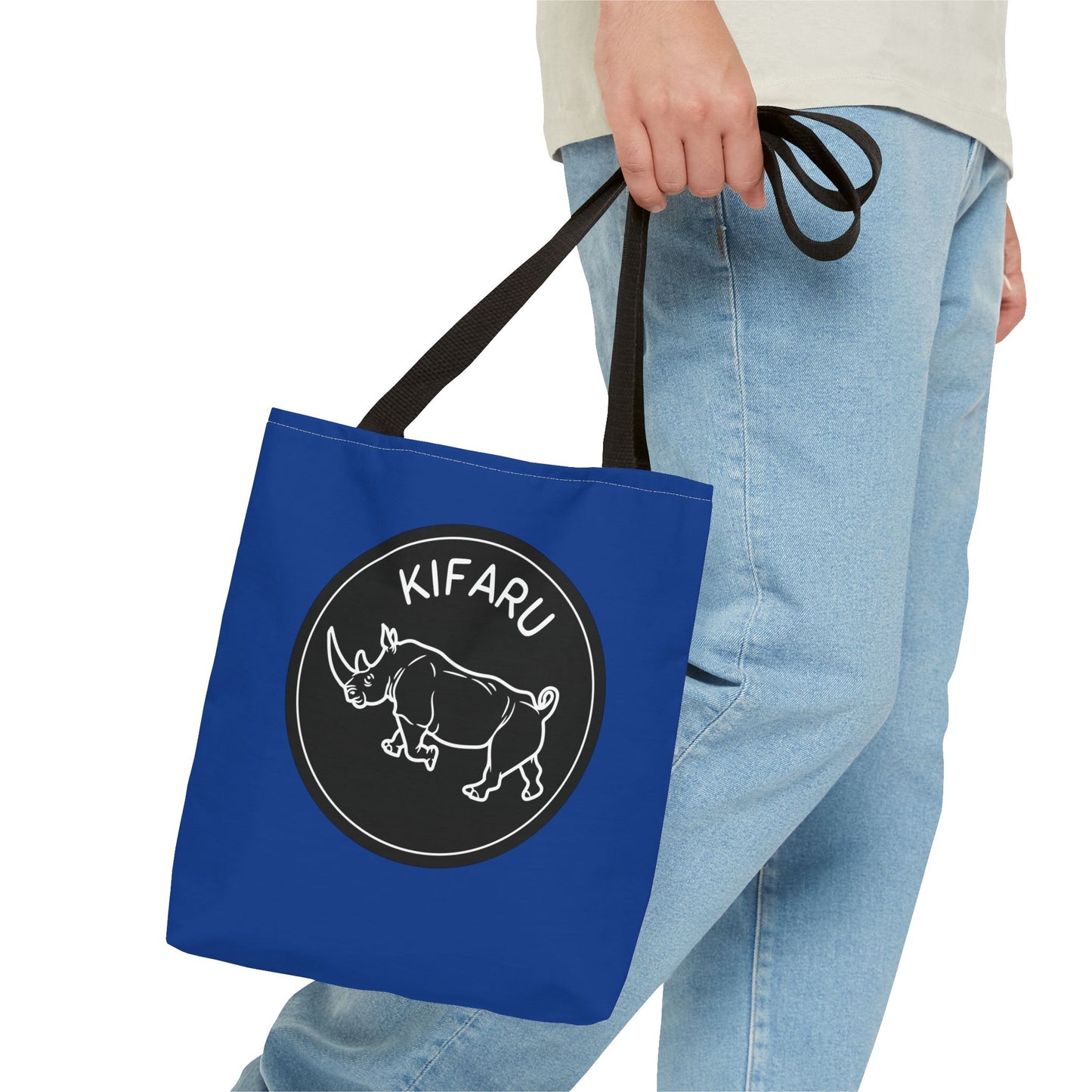 Vibrant Safari Animal-Themed White Rhino Tote Bag (Blue), Kiswahili Name, Eco-Friendly Shopping Bag, Stylish Daily Use, Gift for Nature Lovers, Kifaru Design