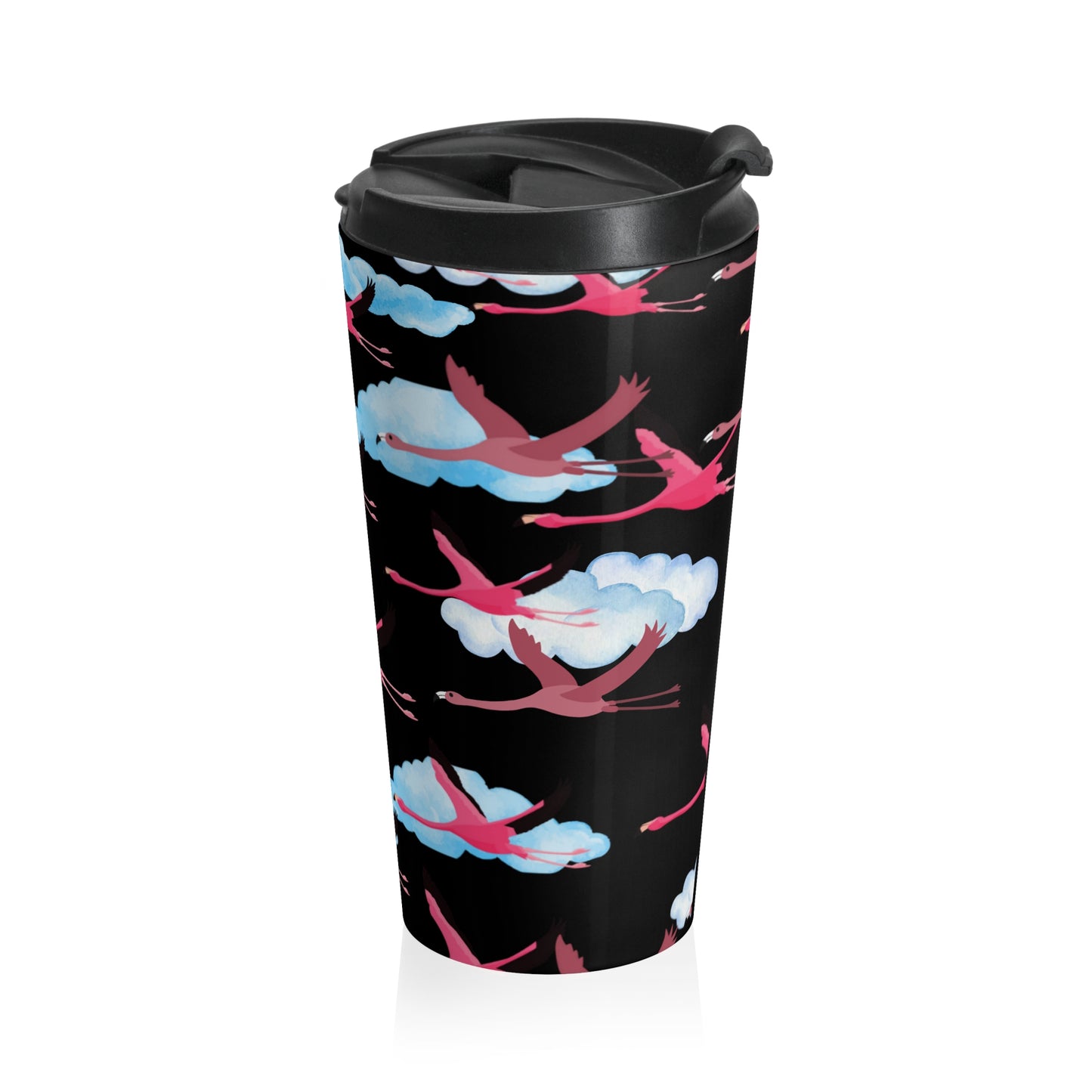 Flying Flamingo Pattern Stainless Steel Travel Mug (Black) | Stylish Travel Tumbler | Perfect Gift for Animal Lovers, Nature Enthusiasts, or Travel Junkies