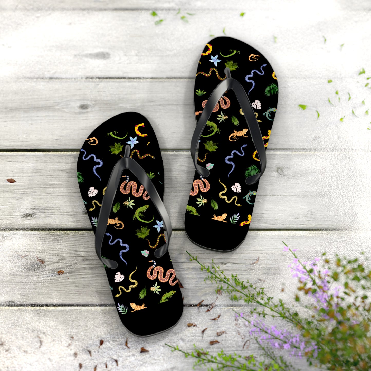 Dancing Reptile Print Flip Flops, Summer Sandals, Beach Footwear, Vacation Essentials, Gift for Nature Lovers, Cute Outdoor Wear