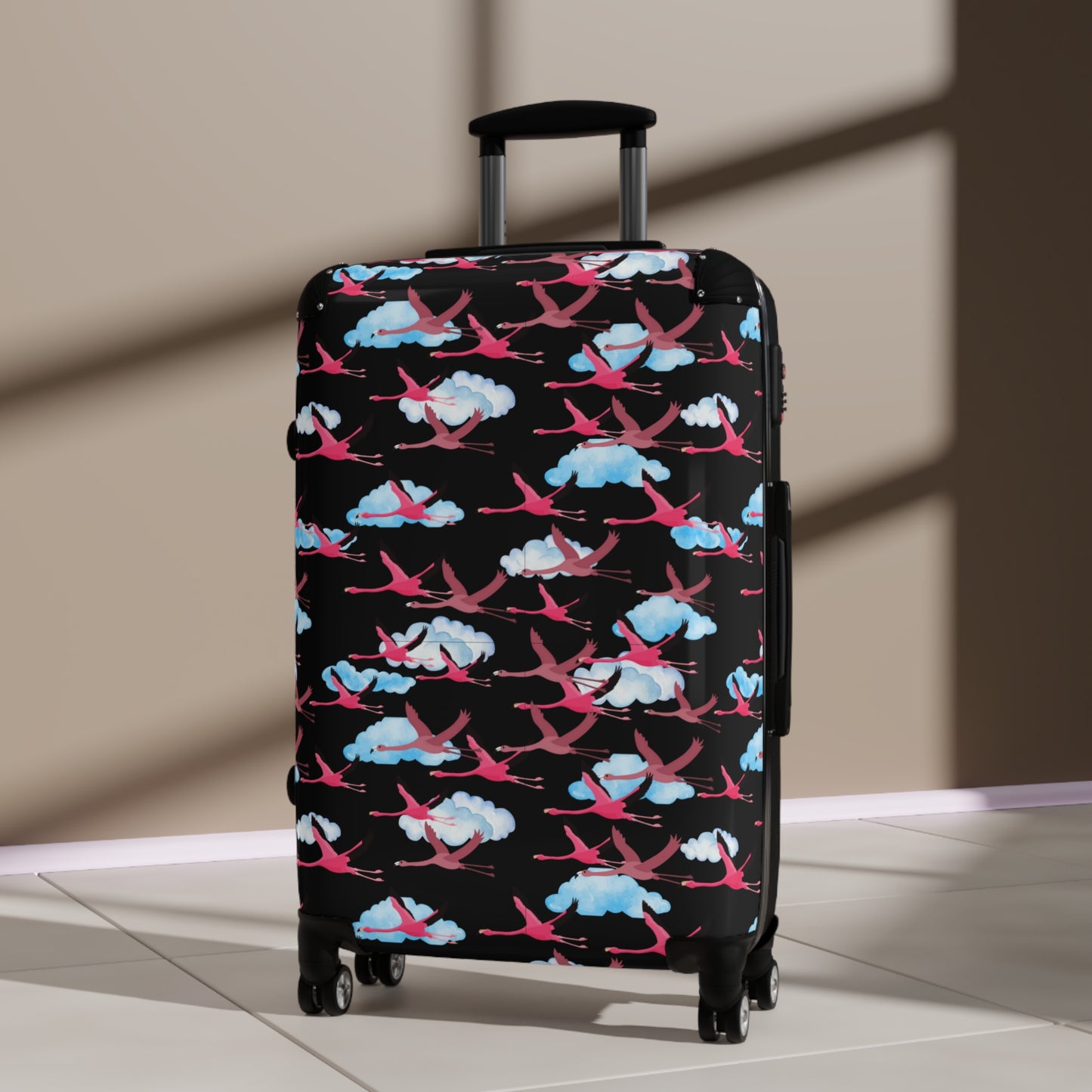 Flying Flamingo Travel Suitcase (Black) with Airplane Design, Luggage for Travelers, Custom Travel Bag, Vacation Essentials, Chic Carry-On