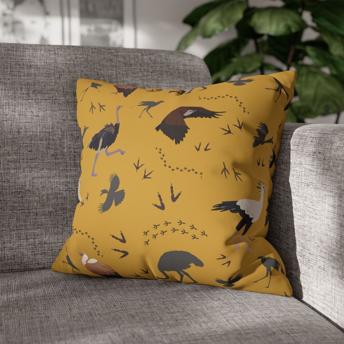 Safari Bird Lux Faux Suede Pillow Cover (Mustard) – 18" x 18" & 20" x 20"