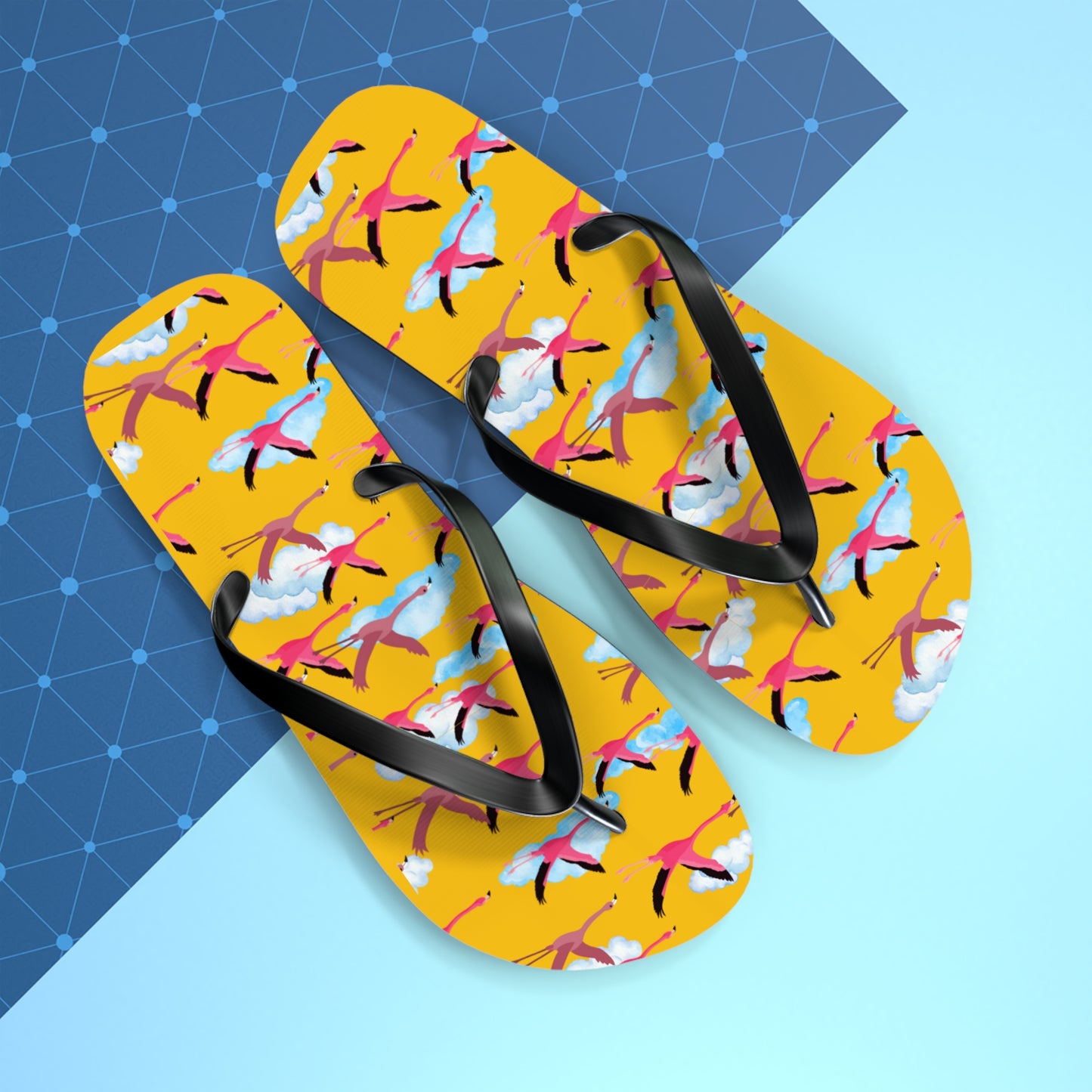 Flying Flamingo Print Flip Flops (Yellow), Summer Sandals, Beach Footwear, Vacation Essentials, Gift for Nature Lovers, Cute Outdoor Wear