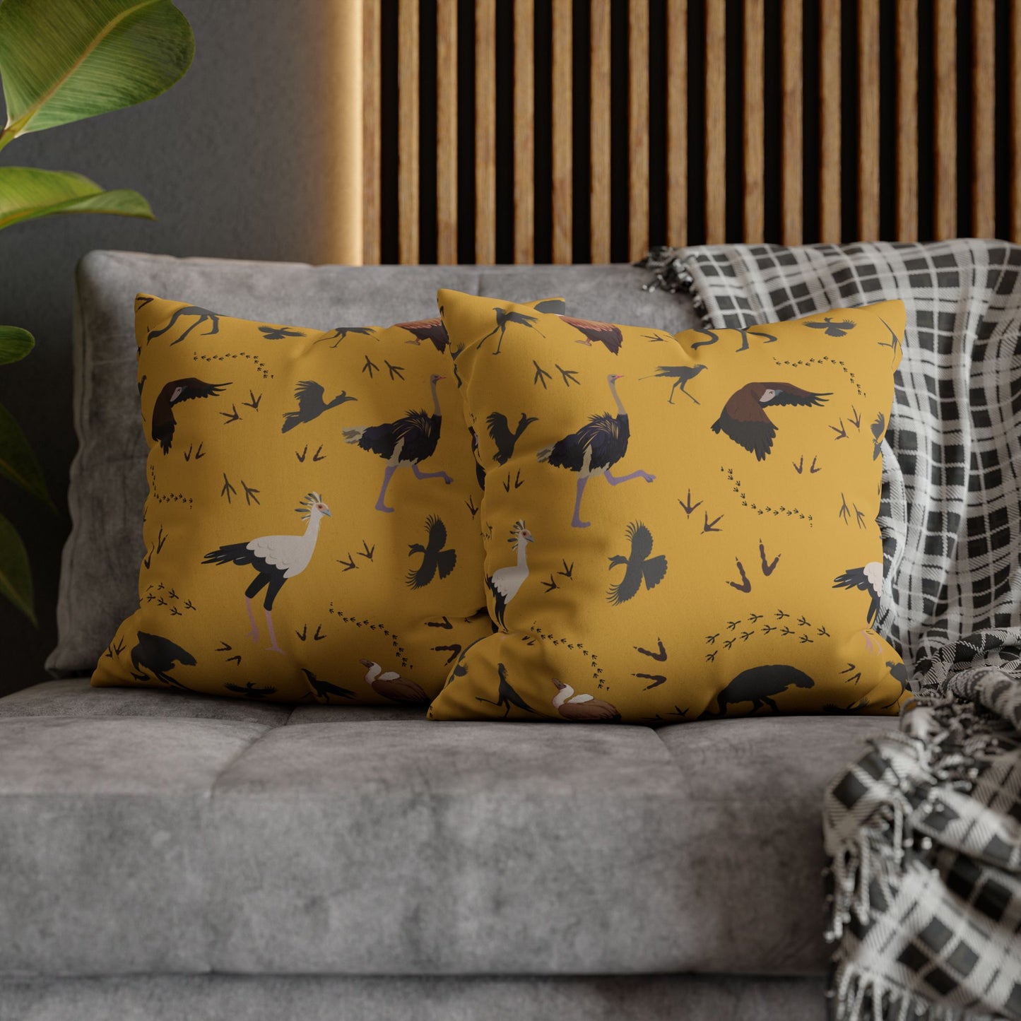 Safari Bird Lux Faux Suede Pillow Cover (Mustard) – 18" x 18" & 20" x 20"