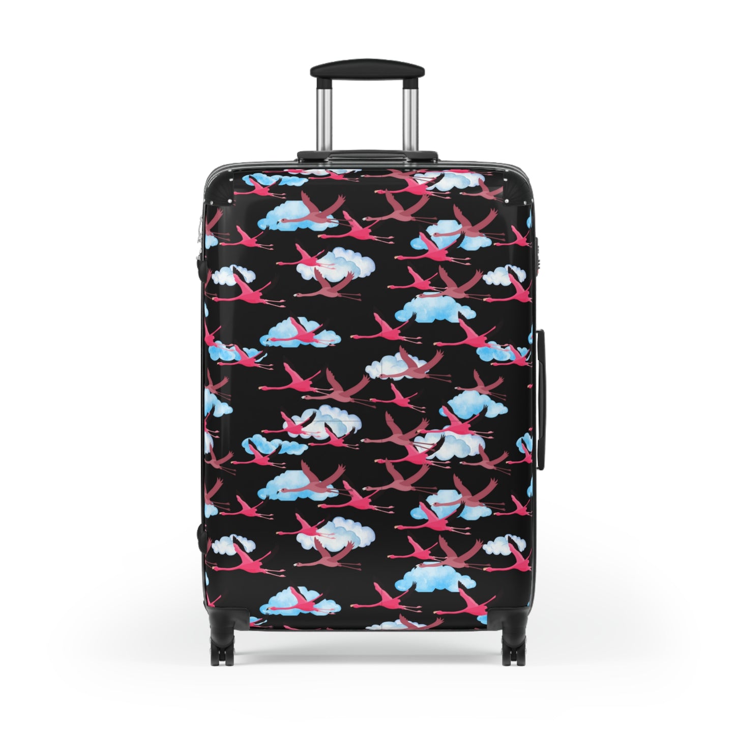 Flying Flamingo Travel Suitcase (Black) with Airplane Design, Luggage for Travelers, Custom Travel Bag, Vacation Essentials, Chic Carry-On