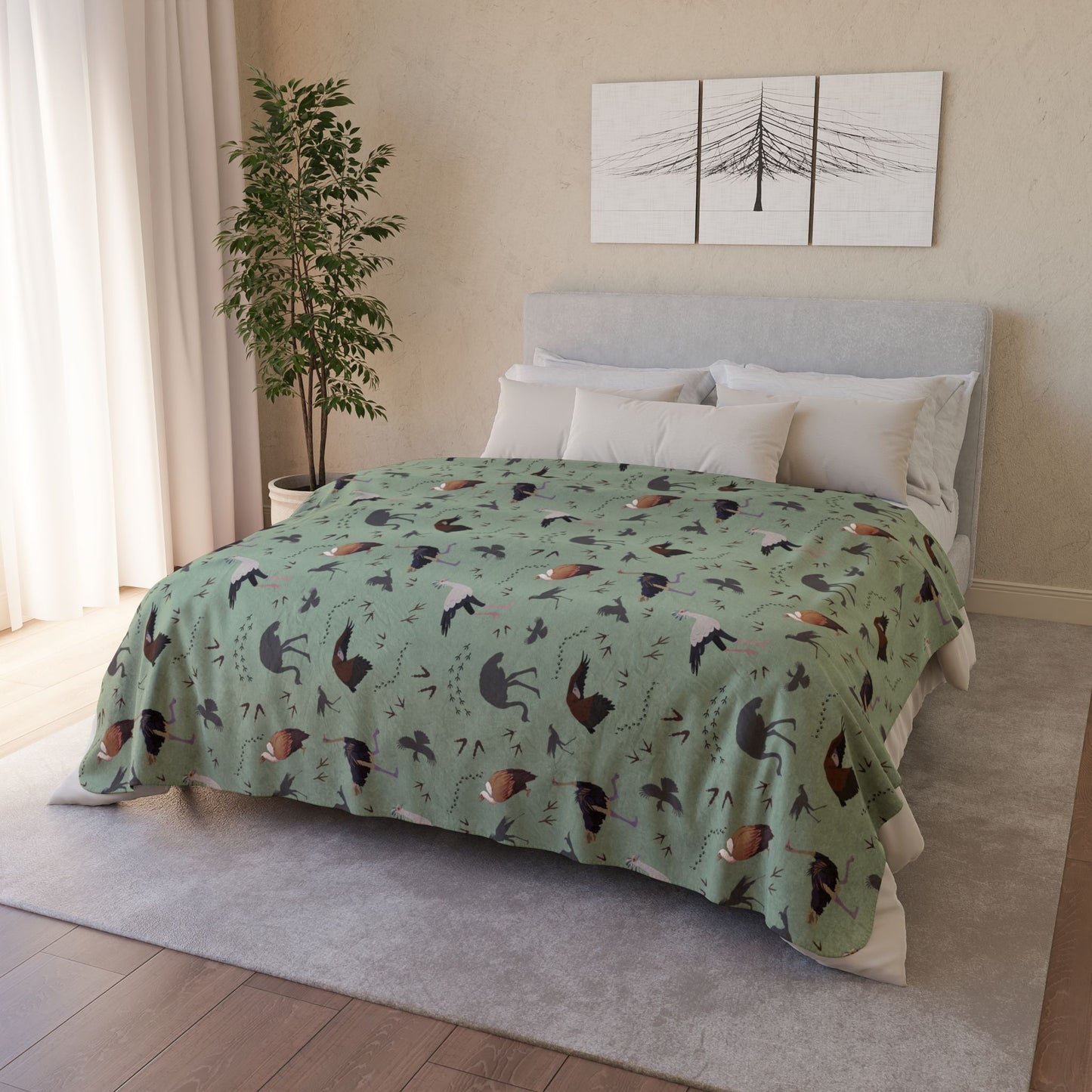 Safari Bird Fleece Sherpa Blanket (Sage)