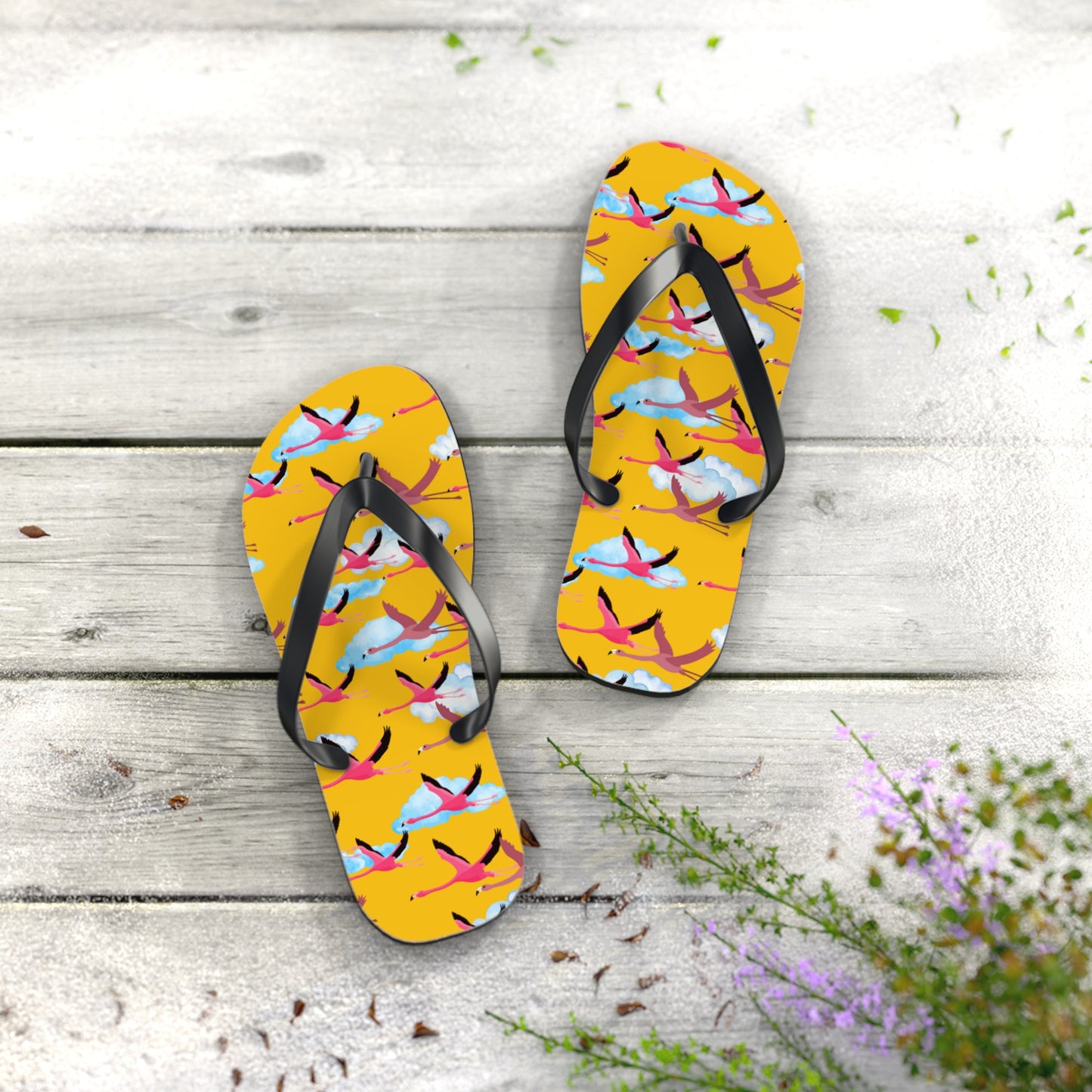 Flying Flamingo Print Flip Flops (Yellow), Summer Sandals, Beach Footwear, Vacation Essentials, Gift for Nature Lovers, Cute Outdoor Wear