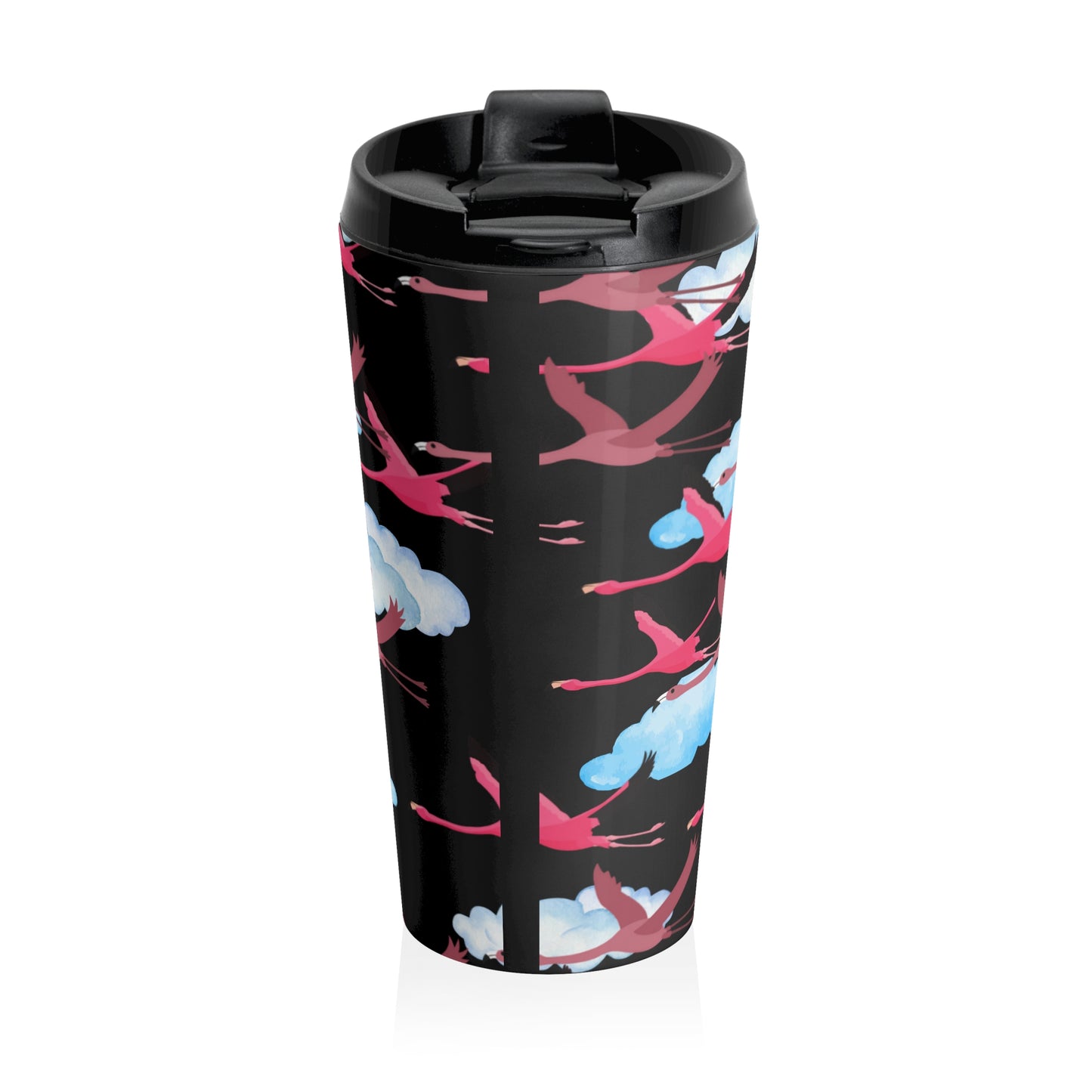 Flying Flamingo Pattern Stainless Steel Travel Mug (Black) | Stylish Travel Tumbler | Perfect Gift for Animal Lovers, Nature Enthusiasts, or Travel Junkies