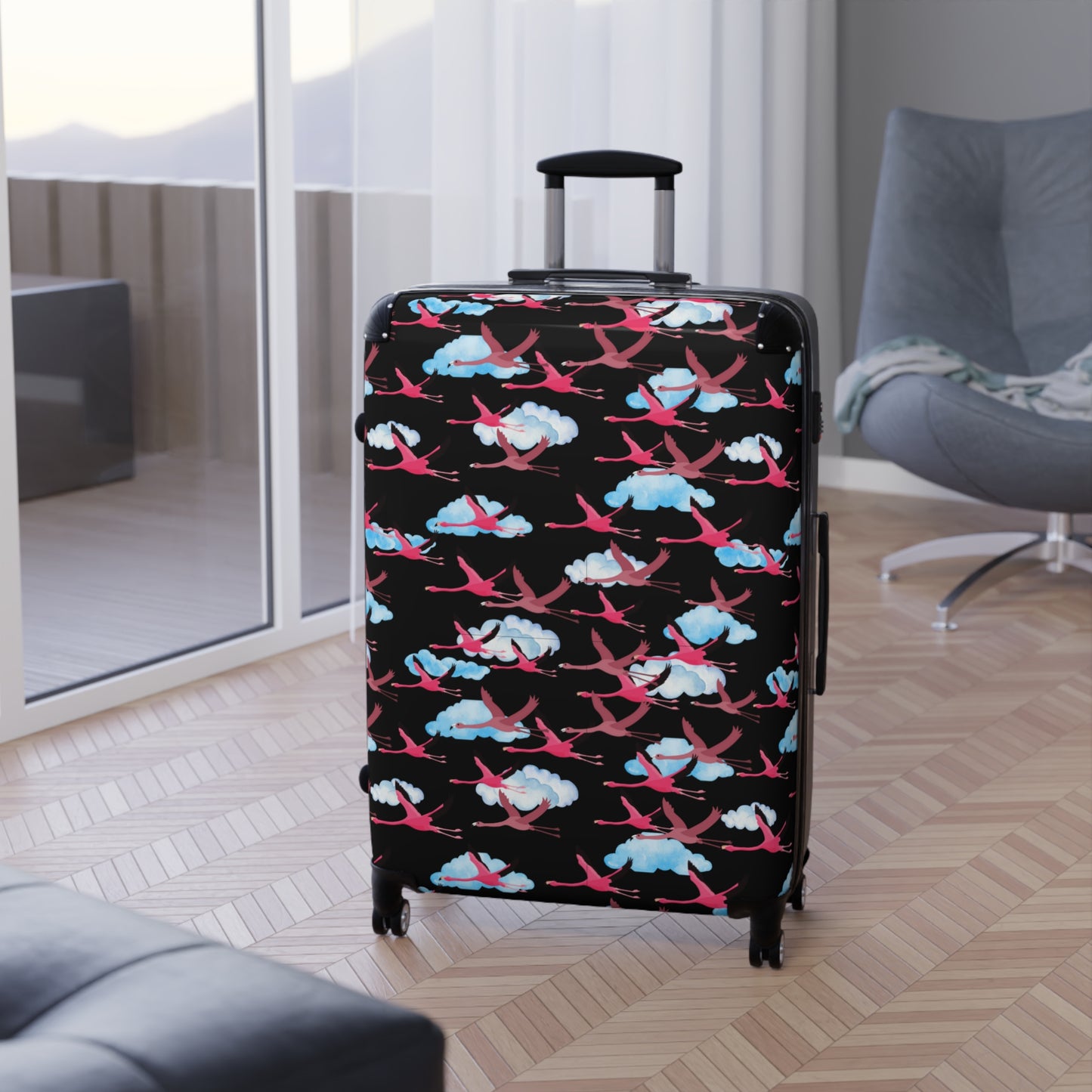 Flying Flamingo Travel Suitcase (Black) with Airplane Design, Luggage for Travelers, Custom Travel Bag, Vacation Essentials, Chic Carry-On