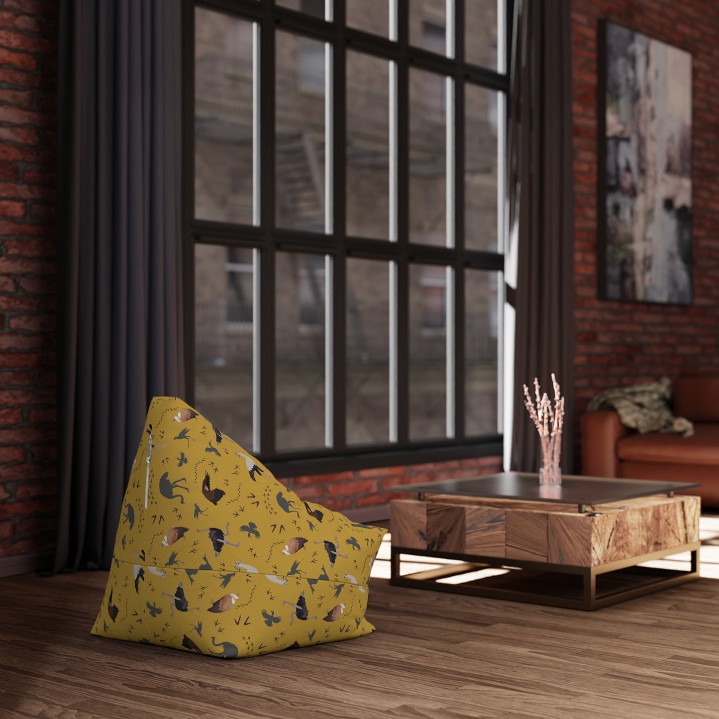 Bean Bag Chair Cover - Safari Bird Pattern (Mustard)