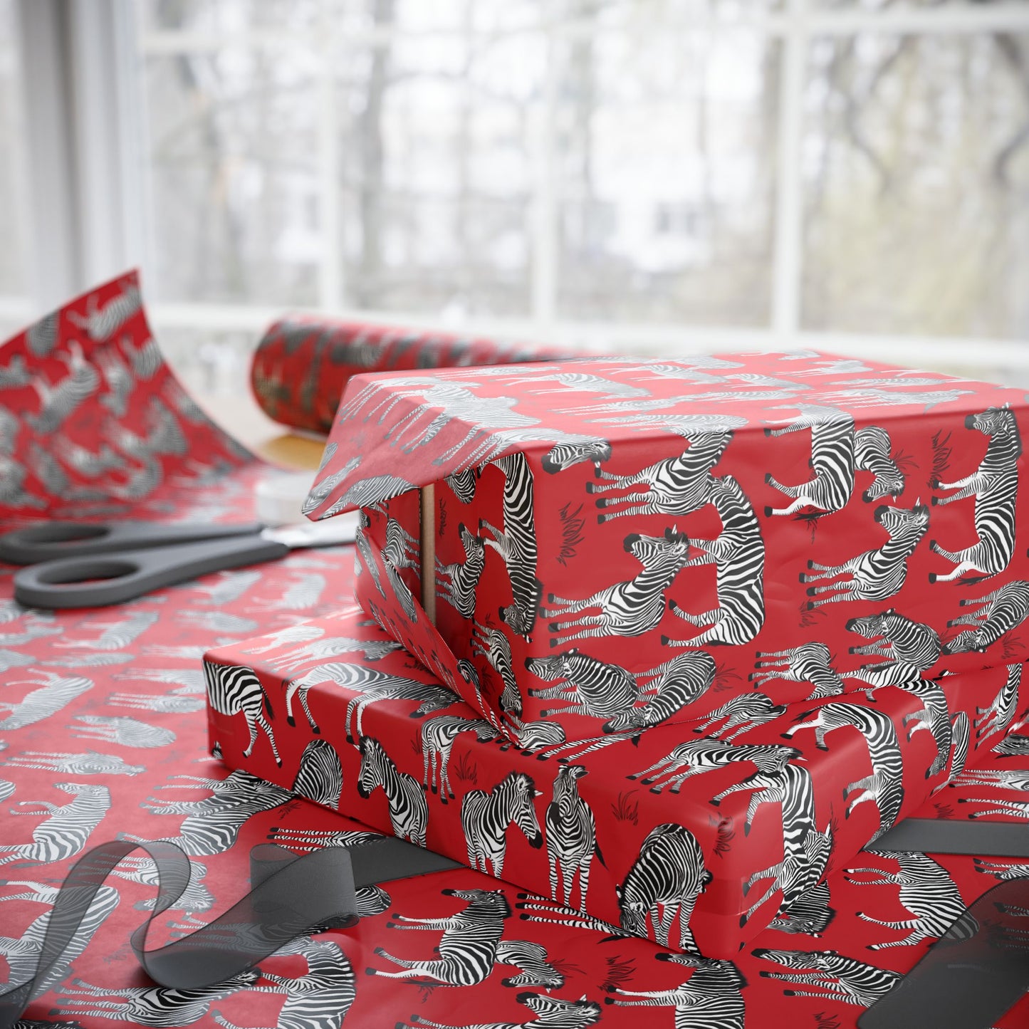 Whimsical Zebra Herd Wrapping Paper (Red)