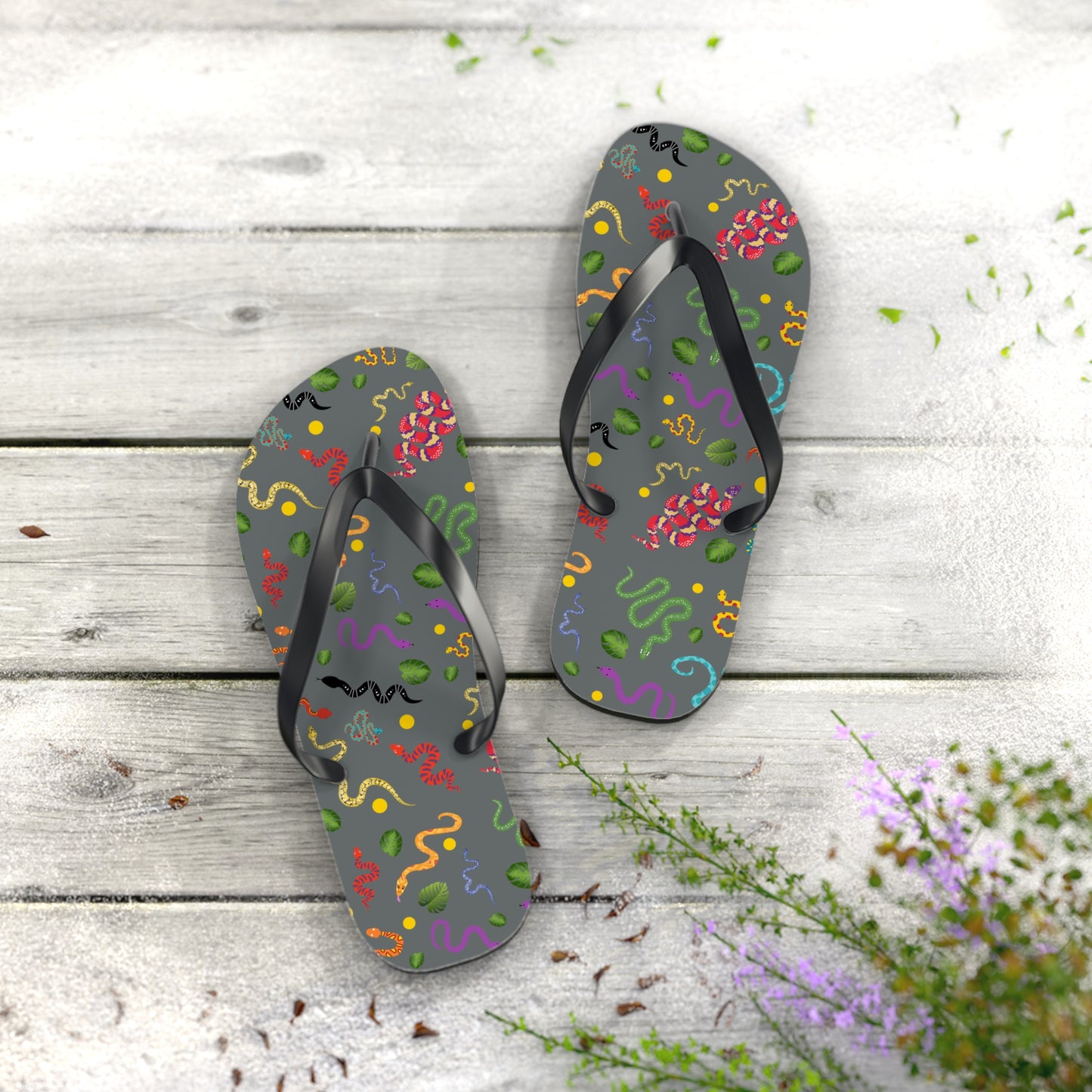Dancing Snake Print Flip Flops, Summer Sandals, Beach Footwear, Vacation Essentials, Gift for Nature Lovers, Cute Outdoor Wear