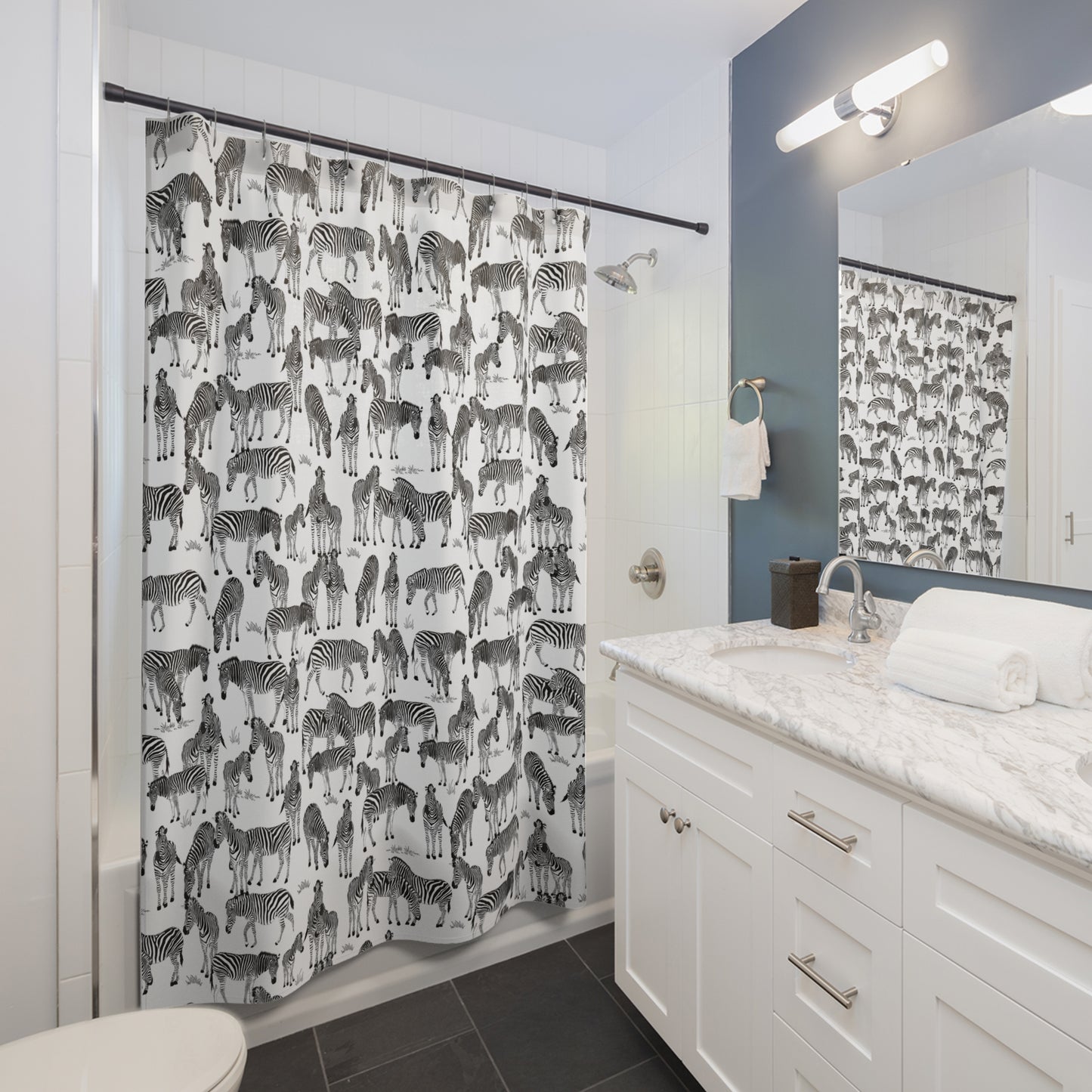 Zebra Print Shower Curtain, Bathroom Decor, Animal Theme, Modern Home, Gift Idea, Unique Design, Great Migration