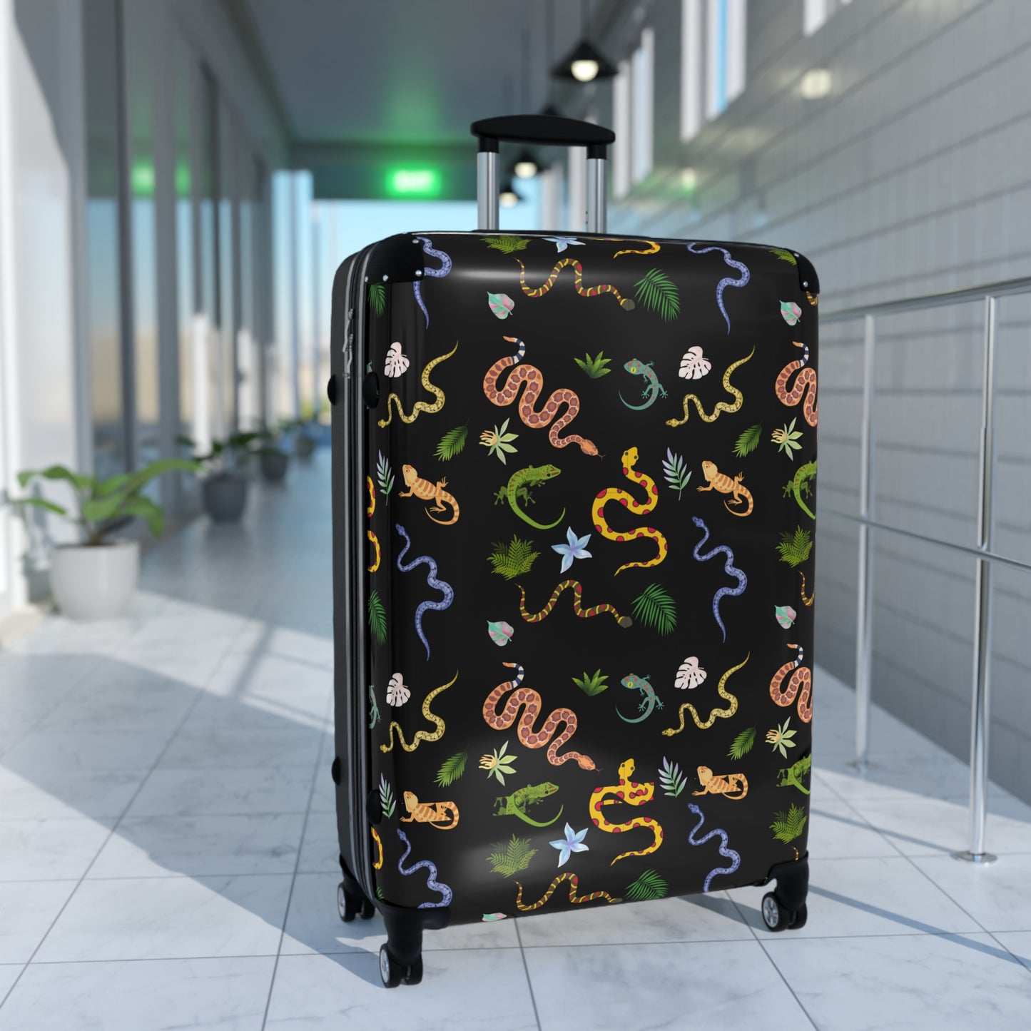Dancing Reptile Travel Suitcase with Airplane Design, Luggage for Travelers, Custom Travel Bag, Vacation Essentials, Chic Carry-On