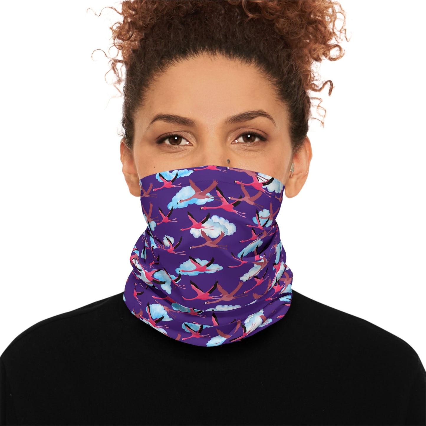 Colorful Lightweight Neck Gaiter with Flying Flamingo Design (Purple), Outdoor Accessory, Unique Gift, Hiking Gear, Nature-Themed Scarf