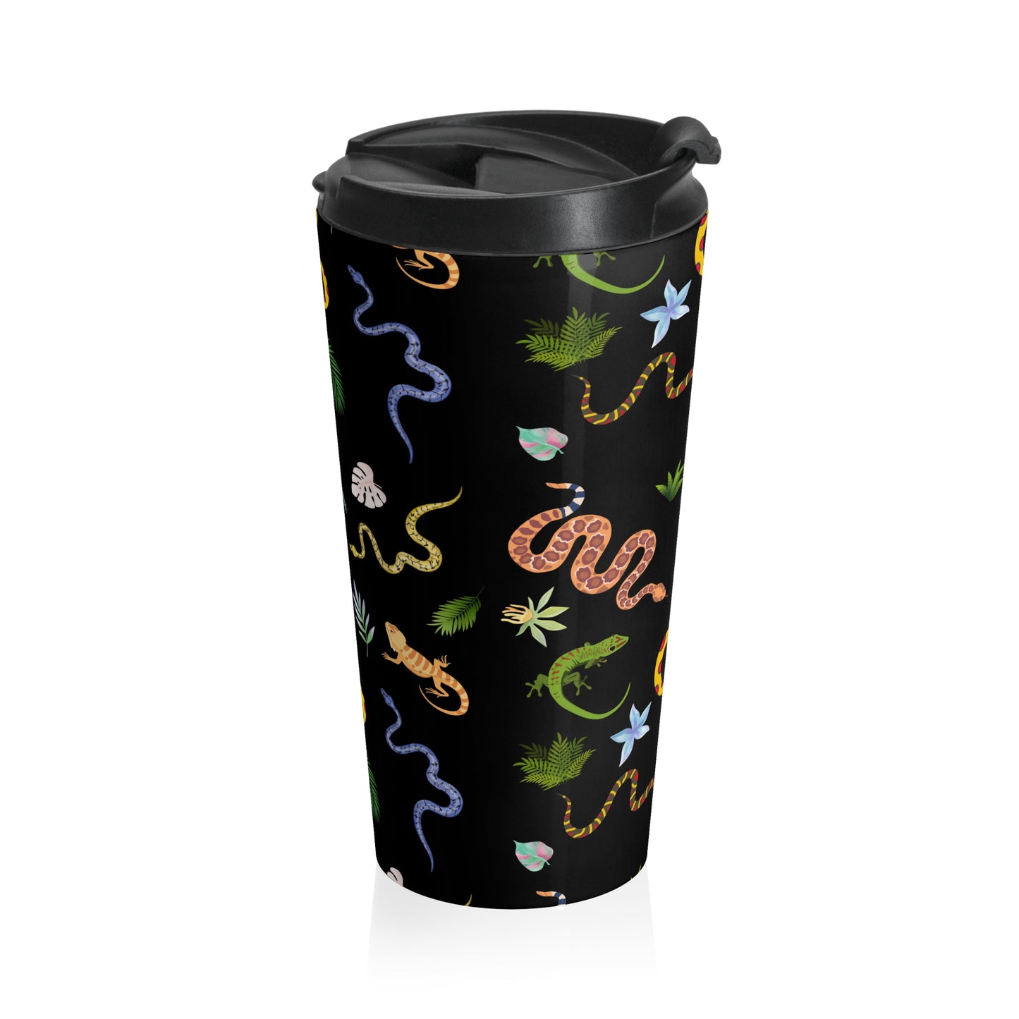 Dancing Reptile Pattern Stainless Steel Travel Mug (Black) | Stylish Travel Tumbler | Perfect Gift for Animal Lovers, Nature Enthusiasts, or Travel Junkies