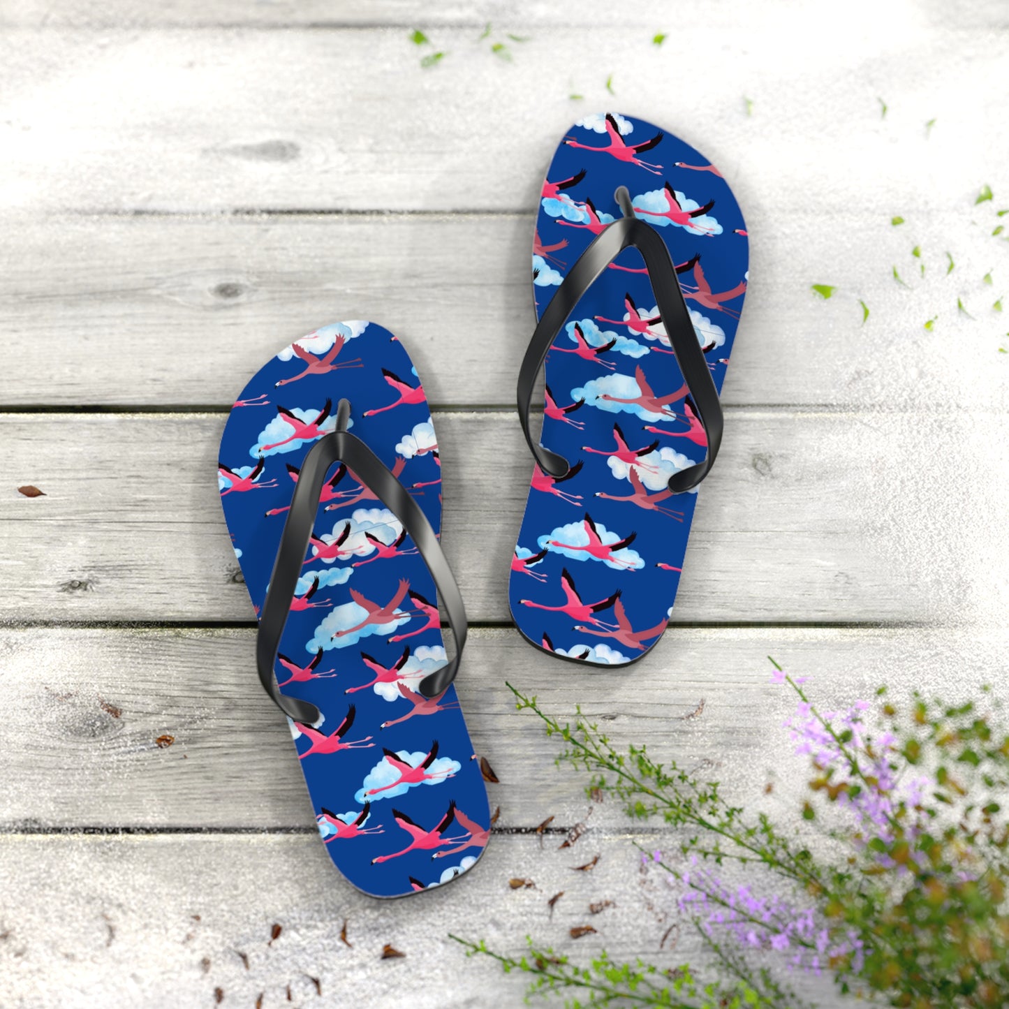 Flying Flamingo Print Flip Flops (Blue), Summer Sandals, Beach Footwear, Vacation Essentials, Gift for Nature Lovers, Cute Outdoor Wear