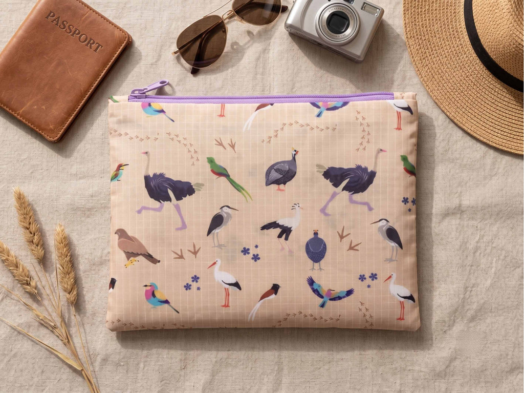 Safari Birds Travel Pouch | Beige Recycled Ripstop Organizer