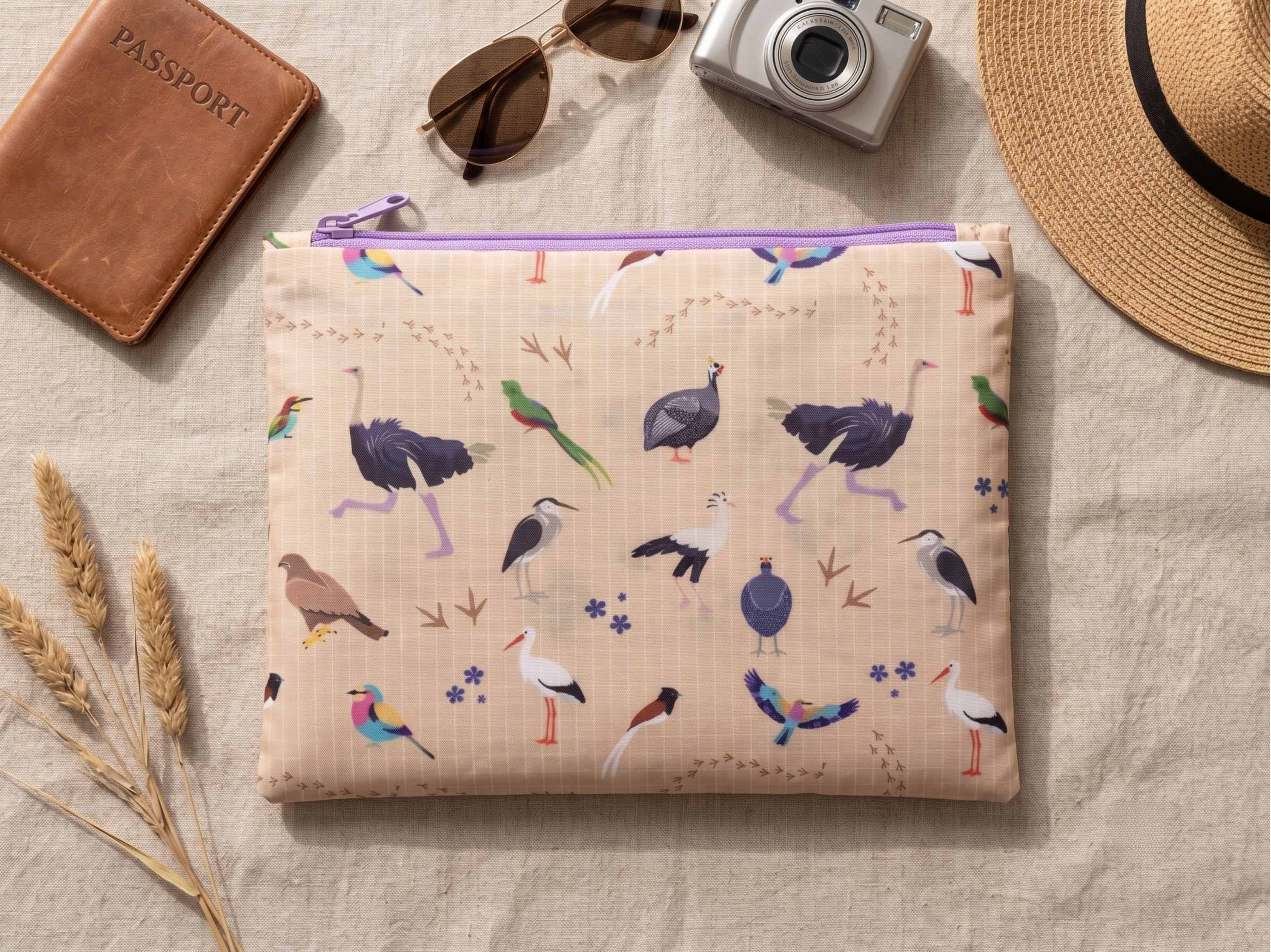 Safari Birds Travel Pouch | Beige Recycled Ripstop Organizer